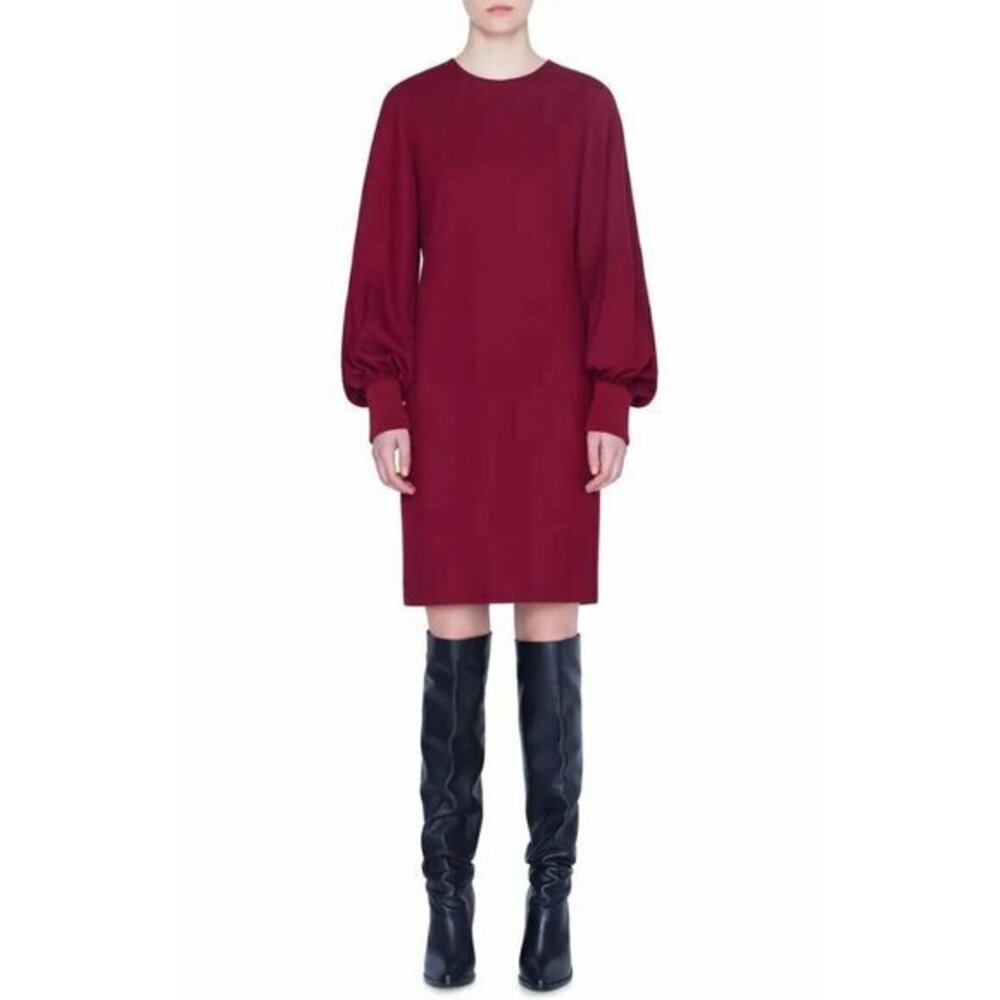 AKRIS PUNTO Dress Long Balloon Sleeve Wool Mini Dress Deep Red 8 NEW $1,190